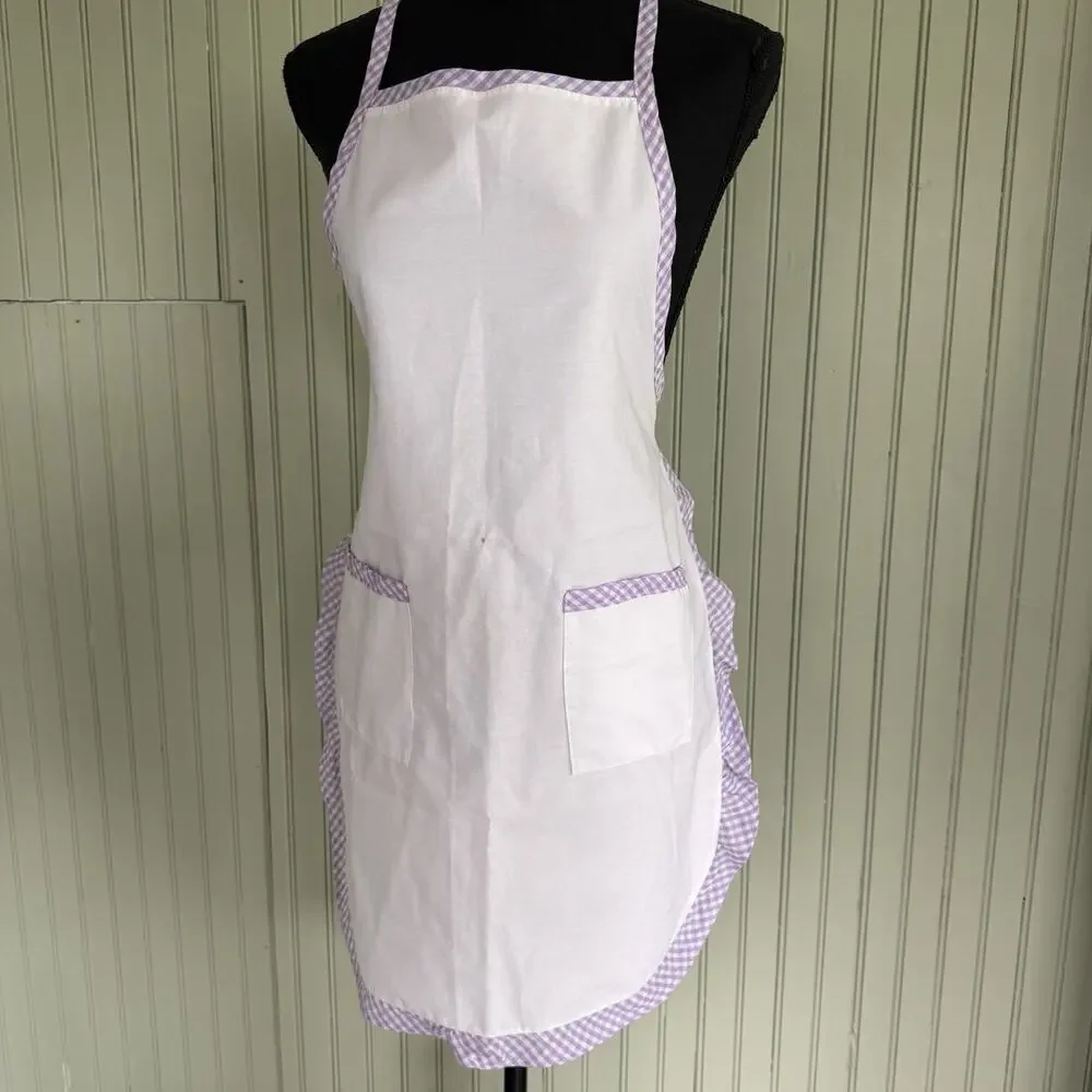 Vtg Hostess Full Apron Purple White MCM 50s Pocket Retro Tie Trad Cottage Ruffle